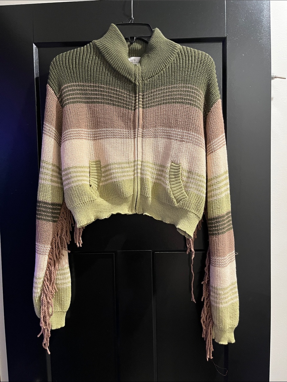 Cropped Striped Fringe Zip Cardigan in Olive & Blush
